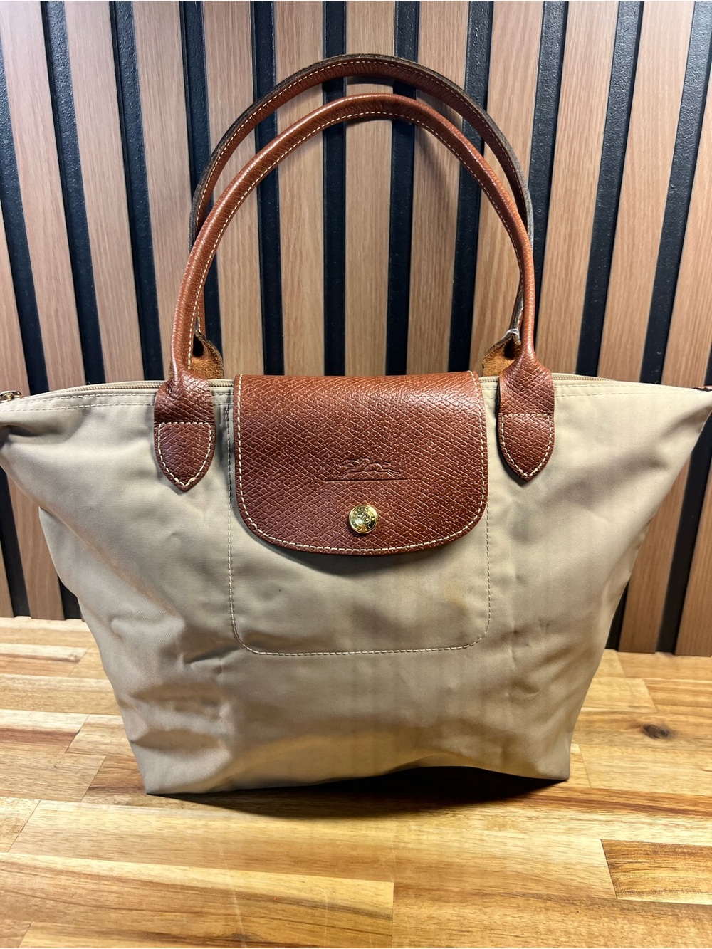 Longchamp Le Pliage Tan & Brown Nylon Tote gold hardware